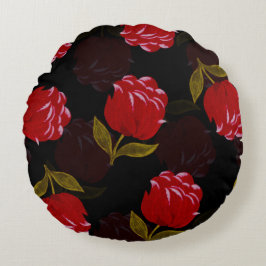 Cojín Redondo Hermoso patrón de bordado de rosas rojas translúci
