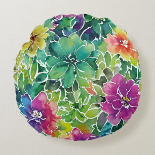 Cojín Redondo Hermoso patrón de flor acuarela
