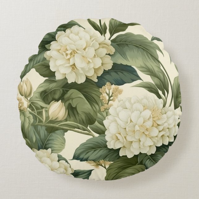 Cojín Redondo Hermoso patrón floral blanco clásico (Anverso)