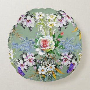 Cojín Redondo Hermoso patrón floral Rosas Flores silvestres verd