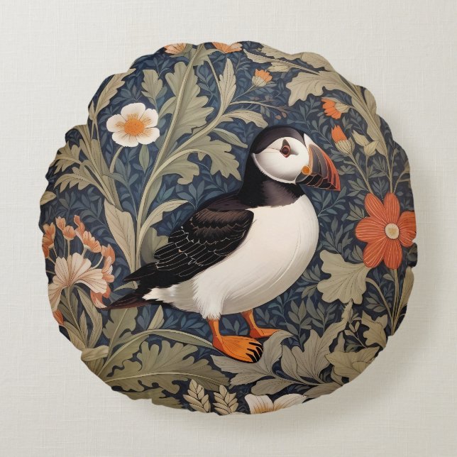 Cojín Redondo Hermoso Puffin William Morris inspirado (Anverso)
