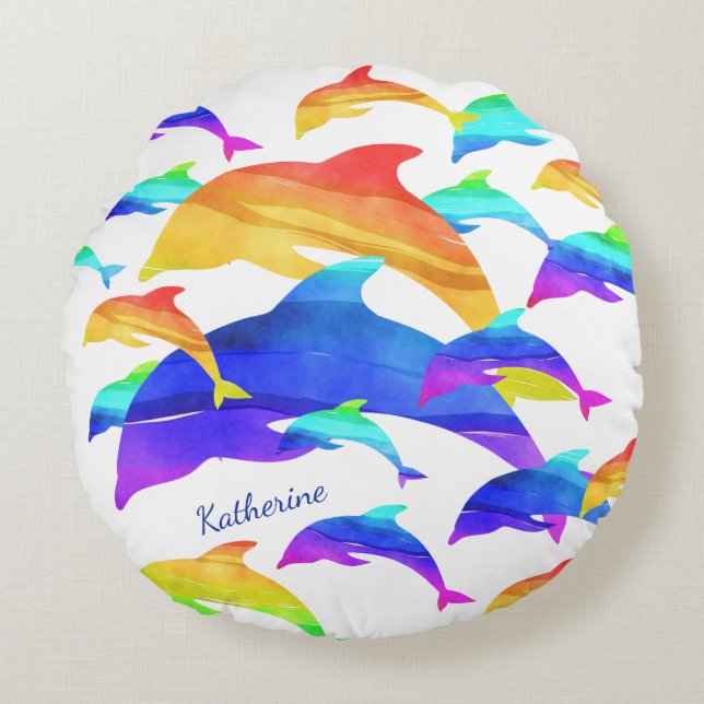 Cojín Redondo Hermosos delfines en arcoiris con nombre (Anverso)