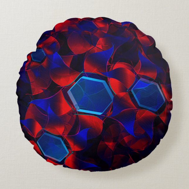 Cojín Redondo hexágono azul mezclado con curvas rojas superpuest (Anverso)