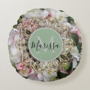 Cojín Redondo Hexágono de oro floral Mandala Monograma redondo P