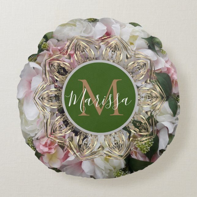 Cojín Redondo Hexágono de oro floral Mandala Monograma redondo P (Anverso)