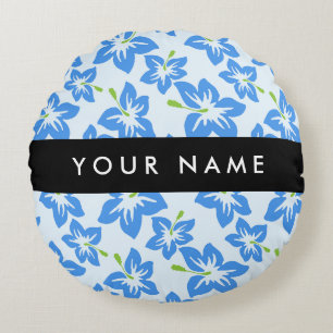Cojín Redondo Hibisco Azul, Flores Azules, Tu Nombre