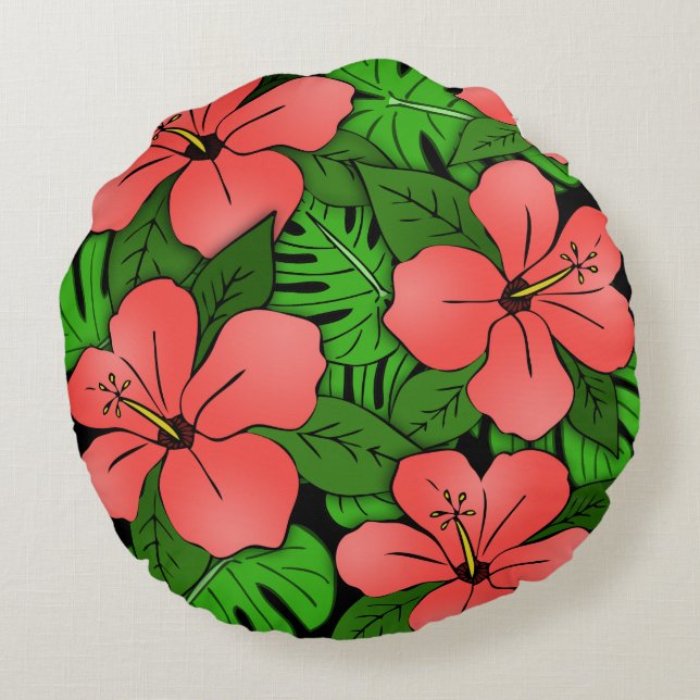 Cojín Redondo Hibisco de melocotón & Monstera (Reverso)