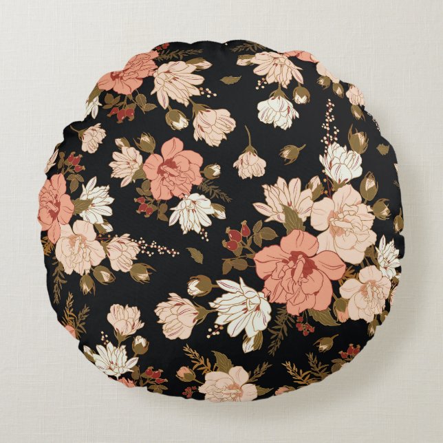 Cojín Redondo Hibiscus Floral: diseño de patrones sin foco (Anverso)