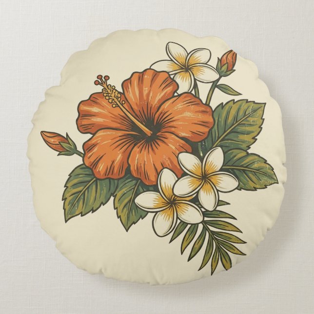 Cojín Redondo Hibiscus Island Hawaiian Motif - Reversible Scenic (Anverso)
