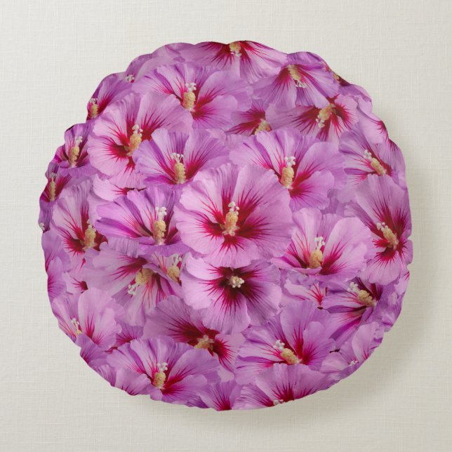 Cojín Redondo Hibiscus - Patrón de flor Rosa chino (Anverso)