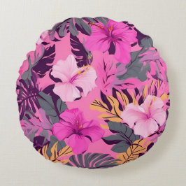 Cojín Redondo Hibiscus Tropical Rosa - Diseño floral Leafy
