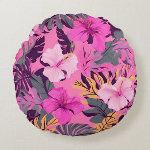 Cojín Redondo Hibiscus Tropical Rosa - Diseño floral Leafy