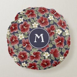 Cojín Redondo Hibiscus y Plumeria - Marrón