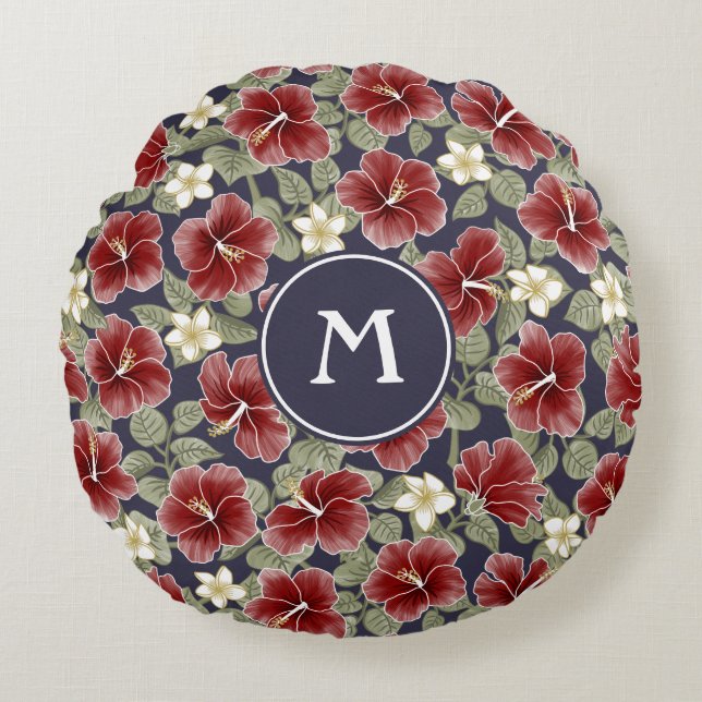 Cojín Redondo Hibiscus y Plumeria - Marrón (Anverso)