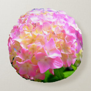 Cojín Redondo Hidraneas naranja púrpura rosa