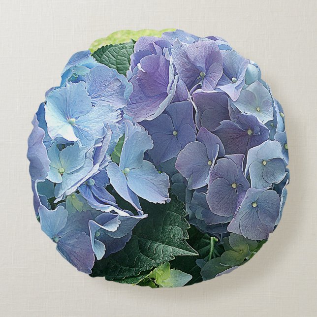 Cojín Redondo Hidrangea Azul claro Flores de jardín redondeadas  (Anverso)