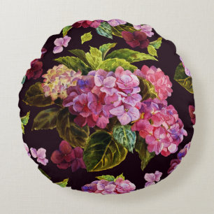 Cojín Redondo Hidrangea, patrón floral oscuro y sin fisuras.