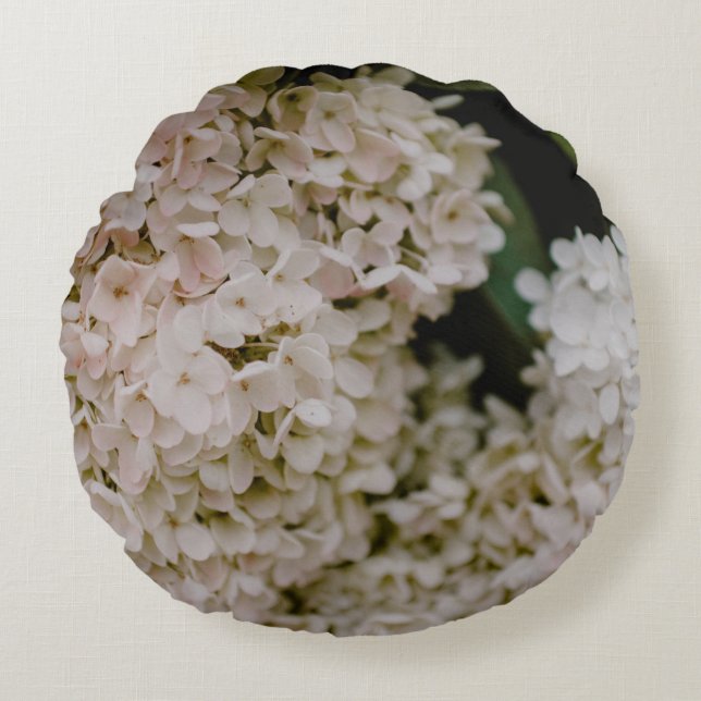 COJÍN REDONDO HIDRANGEAS BLANCAS EN SANGRE (Anverso)