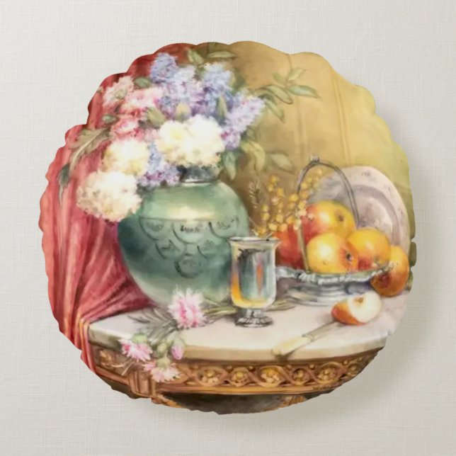 Cojín Redondo Hidrangeas, claveles y manzanas de jardines floral (Anverso)