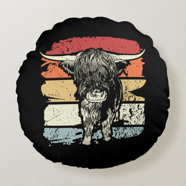 Cojín Redondo Highland Cow Highland Cows Retro (Anverso)