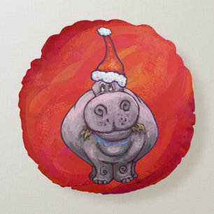 Cojín Redondo Hipo lindo en Santa Hat en rojo