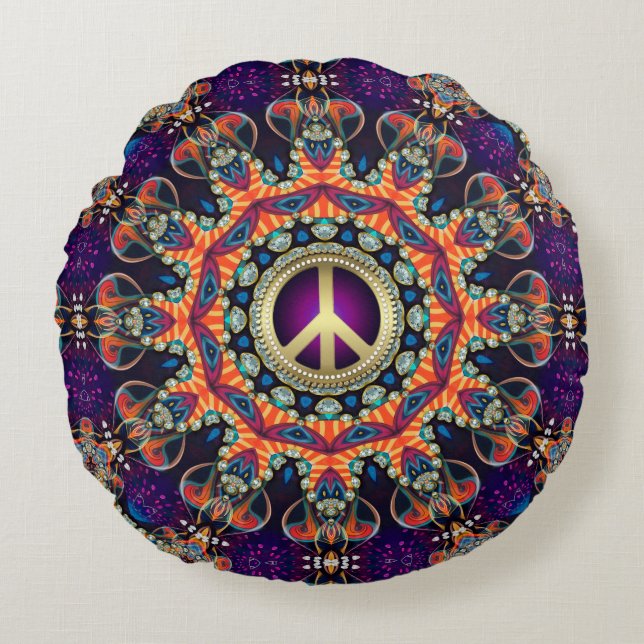 Cojín Redondo Hippy Groovy Love & Peace Psychedelic (Anverso)