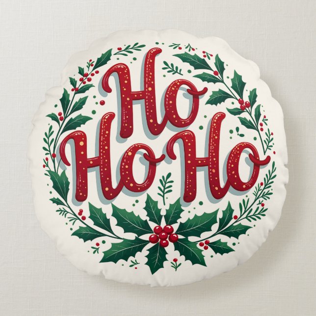 Cojín Redondo Ho Ho Ho Christmas Wreath Typography Design (Anverso)