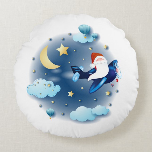 Cojín Redondo ¡Ho ho ho ho! Santa en el avión (Anverso)
