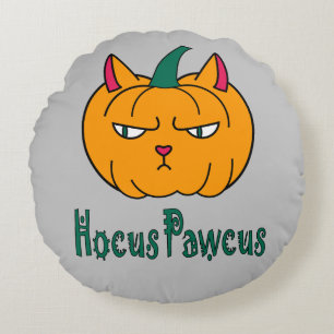 Cojín Redondo Hocucus pawcus Halloween calabaza ginger cat magia