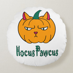 Cojín Redondo Hocucus pawcus Halloween calabaza ginger cat magia