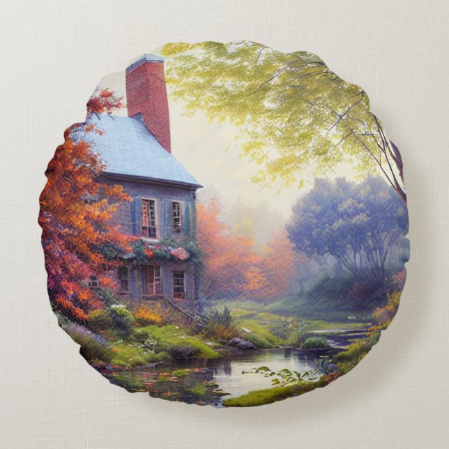 Cojín Redondo Hogares/arroyos/bosques/pintura (Anverso)
