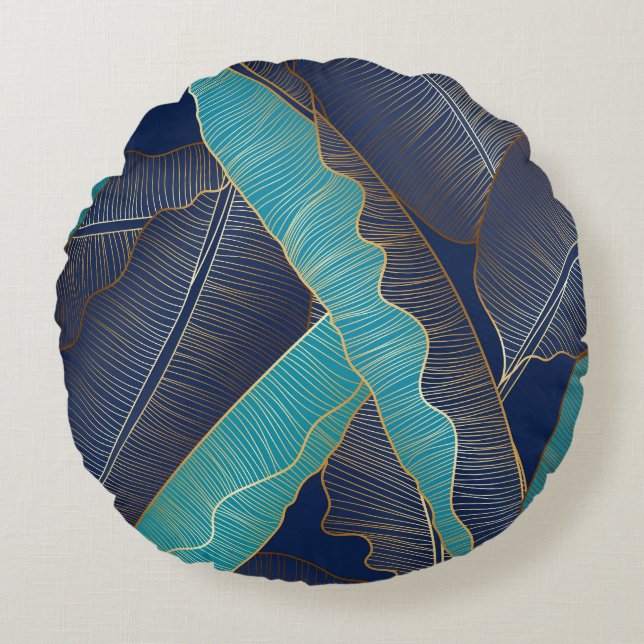 Cojín Redondo Hoja de Banana Dorada: Patrón de Lujo. (Anverso)