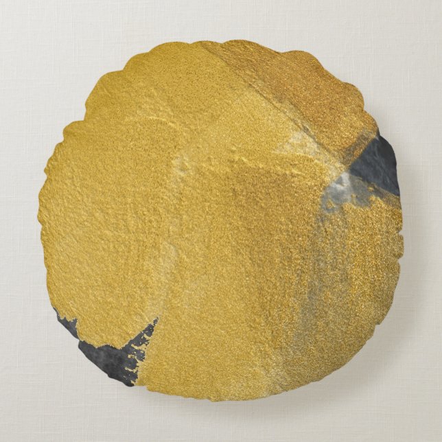 Cojín Redondo Hoja de oro, diseño negro abstracto (Anverso)