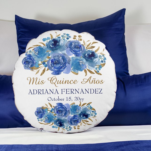 Cojín Redondo Hoja de Oro Real Floral Azul Quinceanera Keepsake (Blue floral personalized pillow from my Rose and Gold Leaf quinceanera collection)