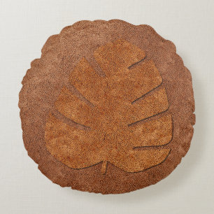Cojín Redondo Hoja texturizada con luz de cobre de estilo vintag