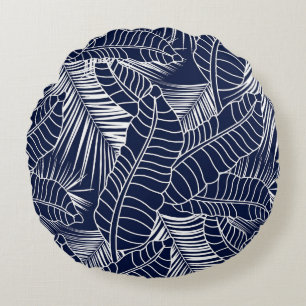 Cojín Redondo Hoja tropical, fondo azul marino