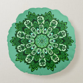 Cojín Redondo Hoja tropical Mandala en Boho húmedo verde