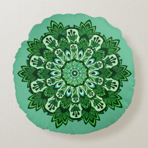 Cojín Redondo Hoja tropical Mandala en Boho húmedo verde