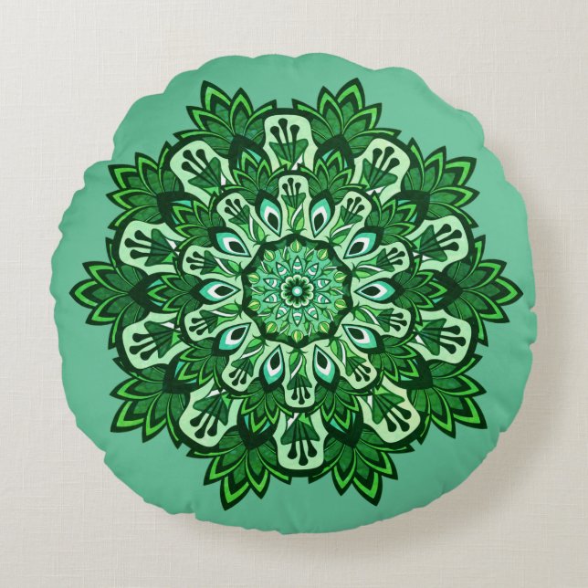 Cojín Redondo Hoja tropical Mandala en Boho húmedo verde (Anverso)