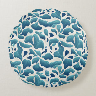 Cojín Redondo Hojas abstractas blancas y azules Patrón costero