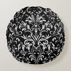 Cojín Redondo Hojas blancas ornamentales de damasco sobre negro