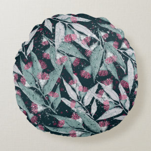 Cojín Redondo Hojas de eucalipto: sin costuras florales oscuras.