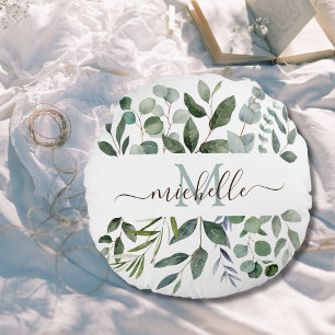 Cojín Redondo Hojas de eucalipto verde salvia con monograma  