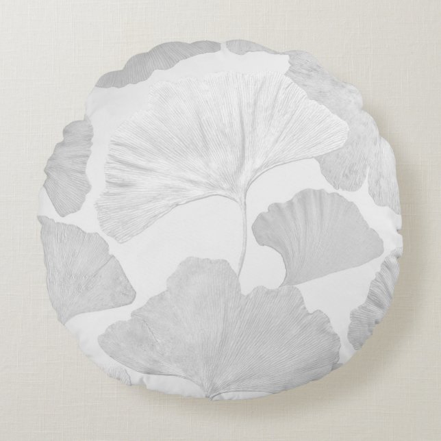 Cojín Redondo Hojas de Ginkgo Sueño Gris Suave 2 (Anverso)
