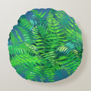Cojín Redondo Hojas de hierro, diseño floral, vegetación, azul