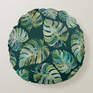 Cojín Redondo Hojas de la exótica planta tropical monstera. Sin 