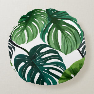 Cojín Redondo Hojas de Monstera Acuarela Botánica Moderna