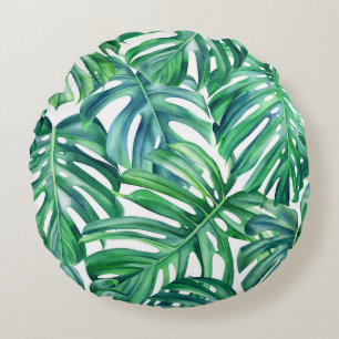 Cojín Redondo Hojas de Monstera: Patrón de jungla acuarela.