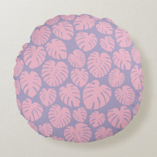 Cojín Redondo Hojas de Monstera rosadas y lilas