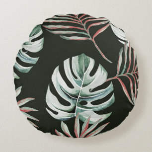Cojín Redondo Hojas de palma, monstera: acuarela tropical.